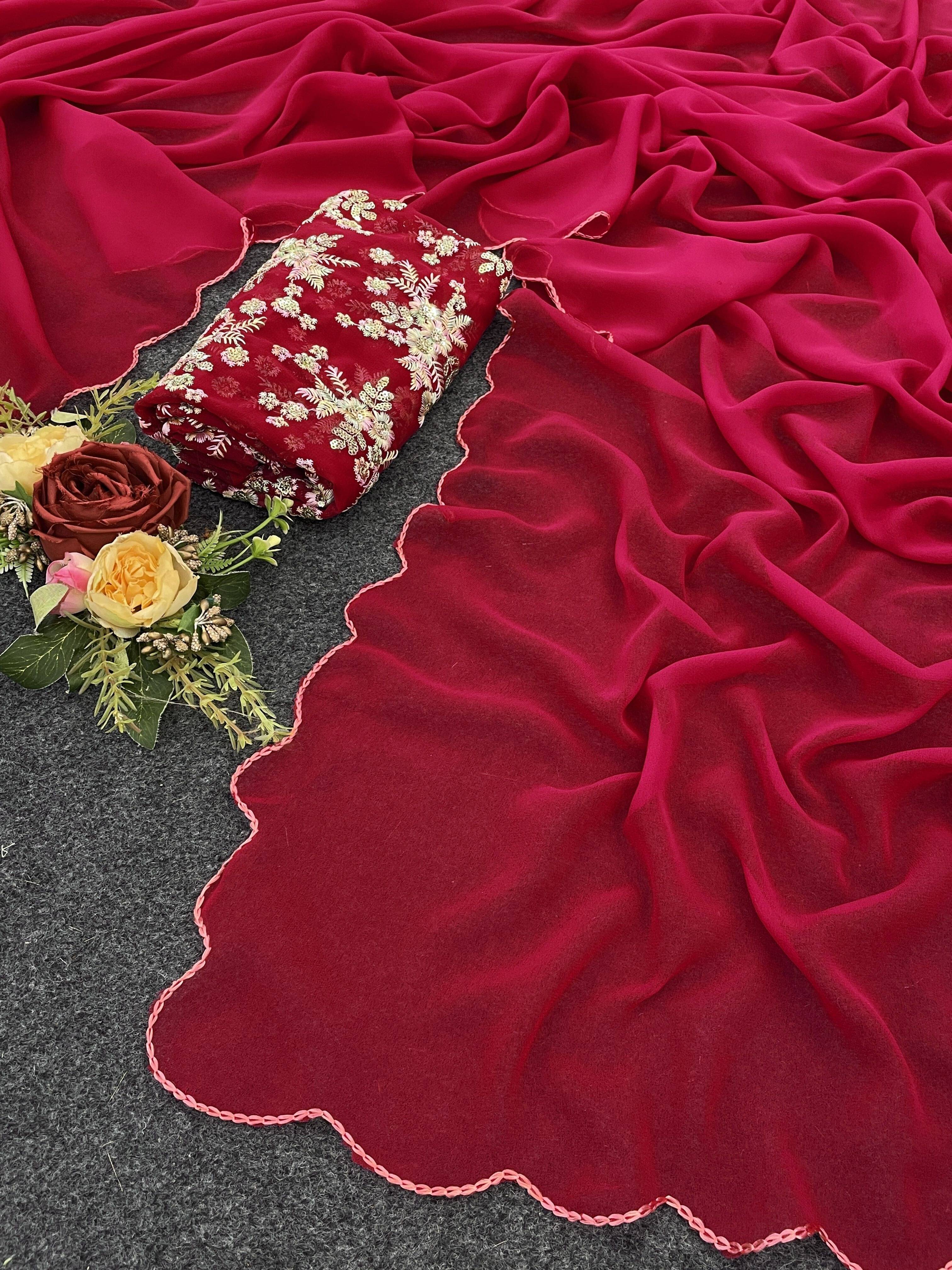 Pionex Georgette Embroidered Regular Saree With Unstitched Blouse Piece ( Red ) Pionex Georgette Embroidered Regular Saree With Unstitched Blouse Piece ( Red )