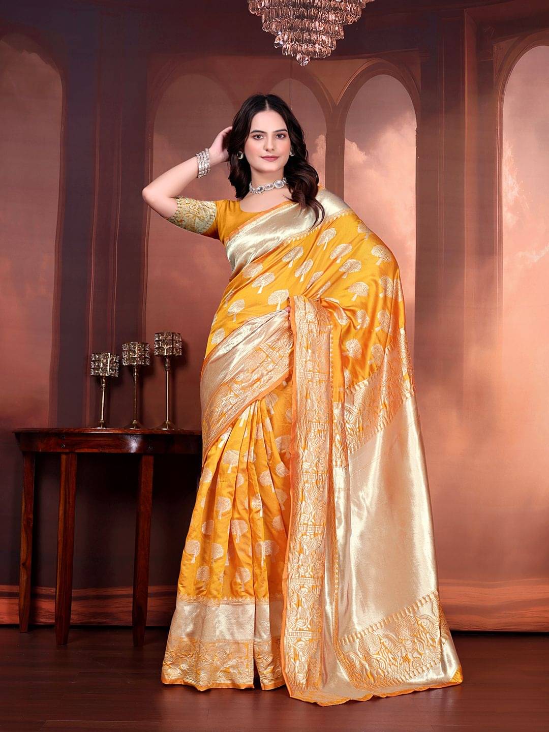 Pionex Jacquard Printed Banarasi saree With Unstitched Blouse Piece ( Yellow ) Pionex Jacquard Printed Banarasi saree With Unstitched Blouse Piece ( Yellow )