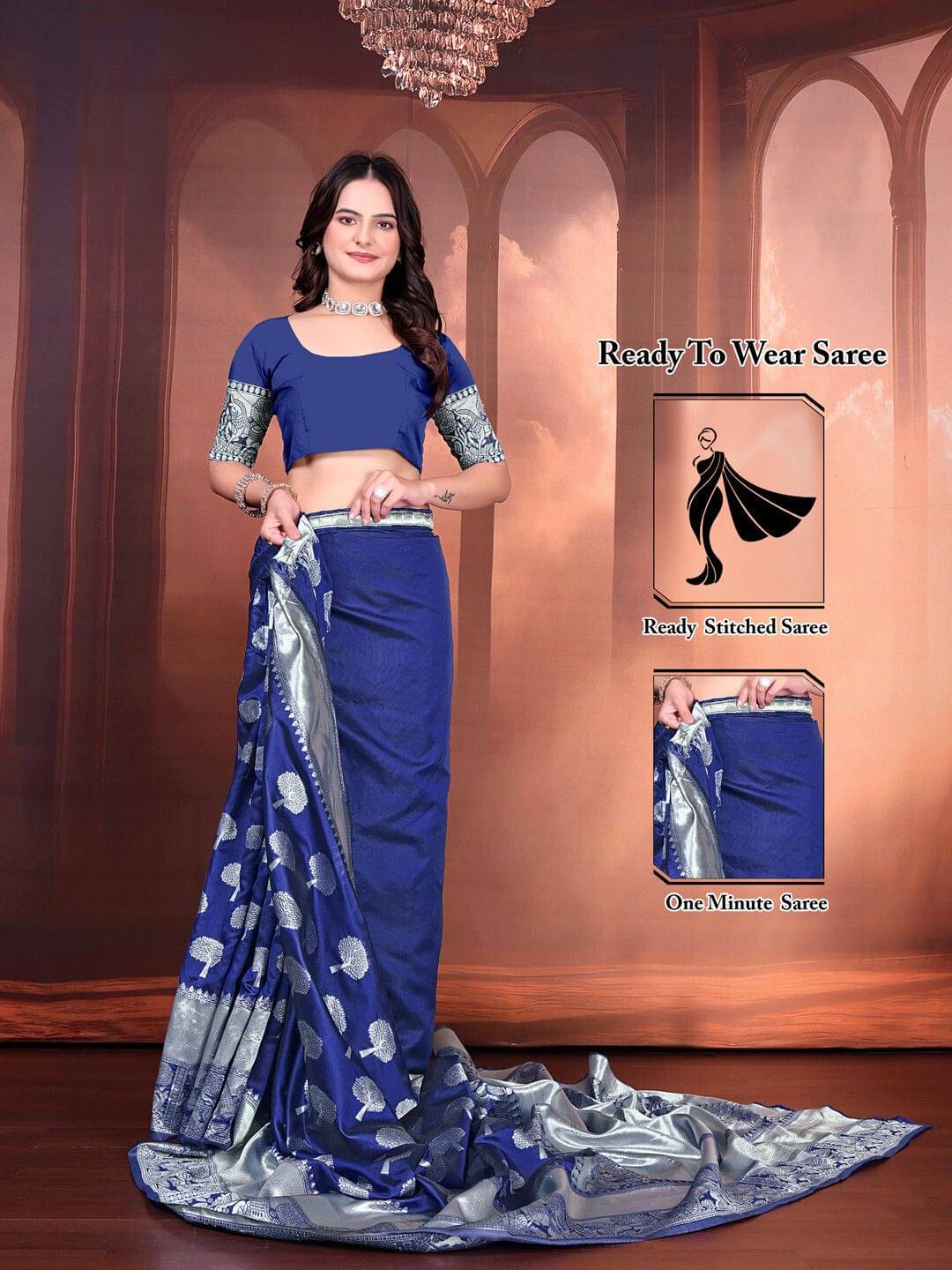Pionex Jacquard Printed Banarasi saree With Unstitched Blouse Piece ( Navy Blue ) Pionex Jacquard Printed Banarasi saree With Unstitched Blouse Piece ( Navy Blue )