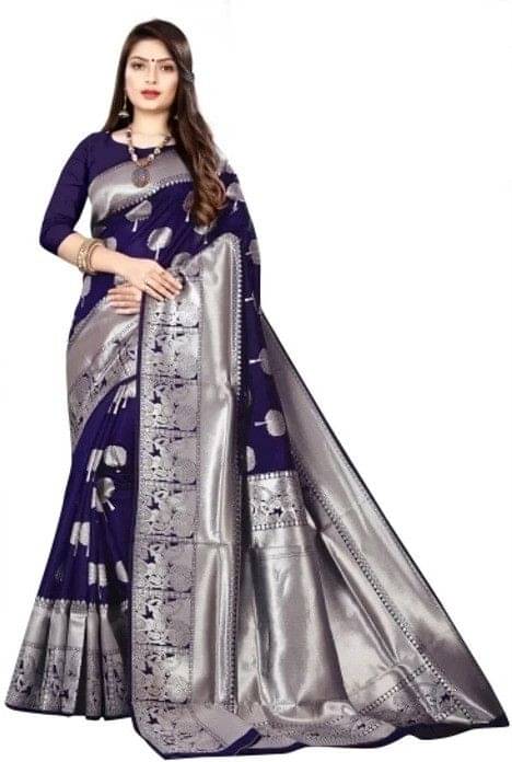     			Pionex Jacquard Woven Banarasi saree With Unstitched Blouse Piece ( Navy Blue )