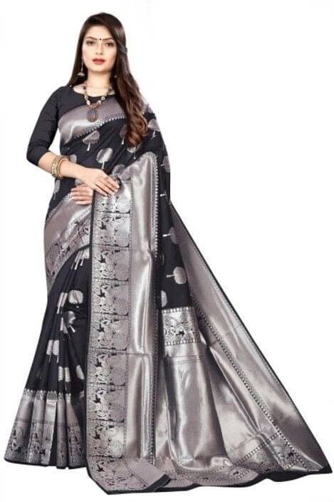 Pionex Jacquard Woven Banarasi saree With Unstitched Blouse Piece ( Black ) Pionex Jacquard Woven Banarasi saree With Unstitched Blouse Piece ( Black )