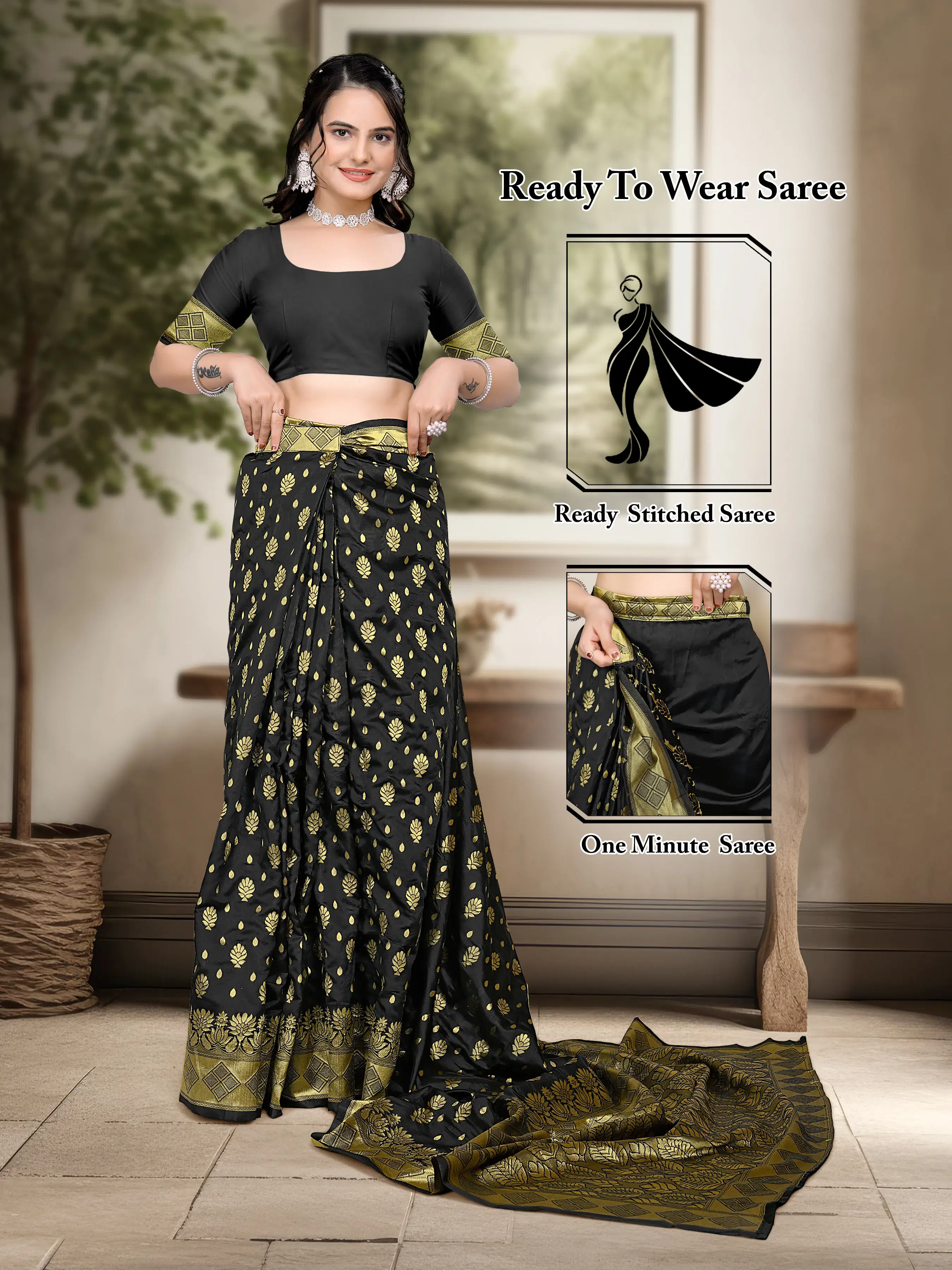     			Pionex Jacquard Woven Banarasi saree With Unstitched Blouse Piece ( Black )