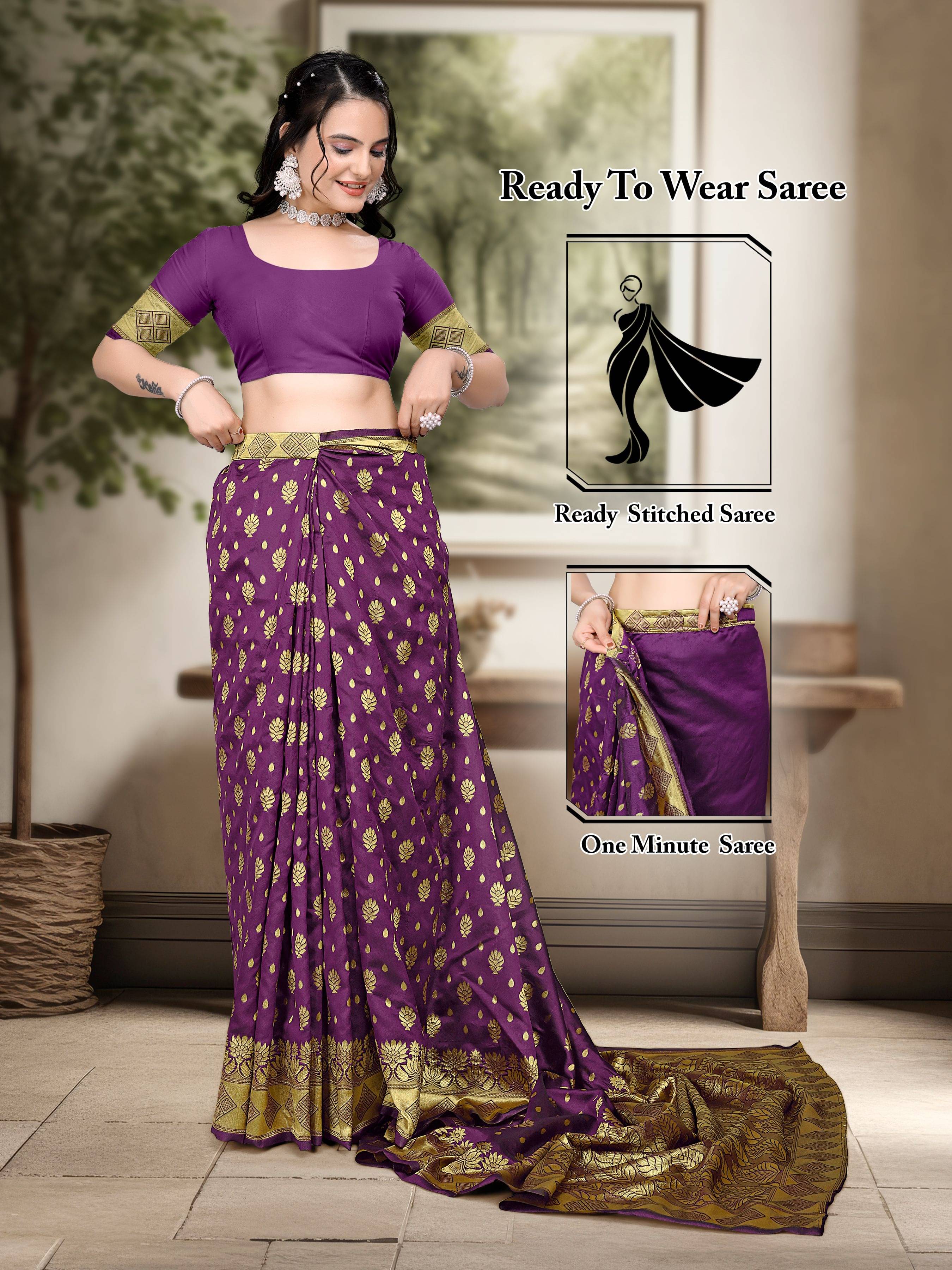 Pionex Jacquard Woven Banarasi saree With Unstitched Blouse Piece ( Purple ) Pionex Jacquard Woven Banarasi saree With Unstitched Blouse Piece ( Purple )