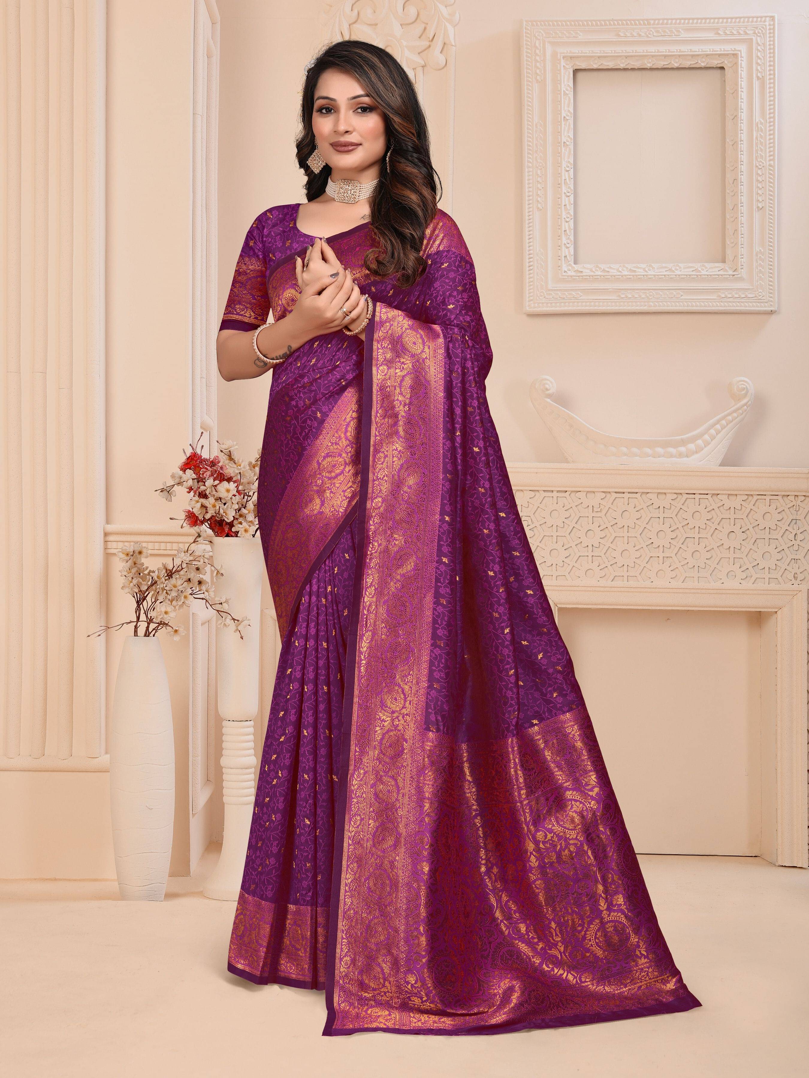 Pionex Jacquard Woven Banarasi saree With Unstitched Blouse Piece ( Purple ) Pionex Jacquard Woven Banarasi saree With Unstitched Blouse Piece ( Purple )