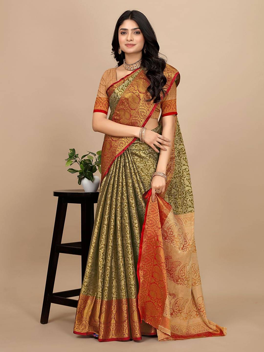     			Pionex Jacquard Woven Banarasi saree With Unstitched Blouse Piece ( Cream )