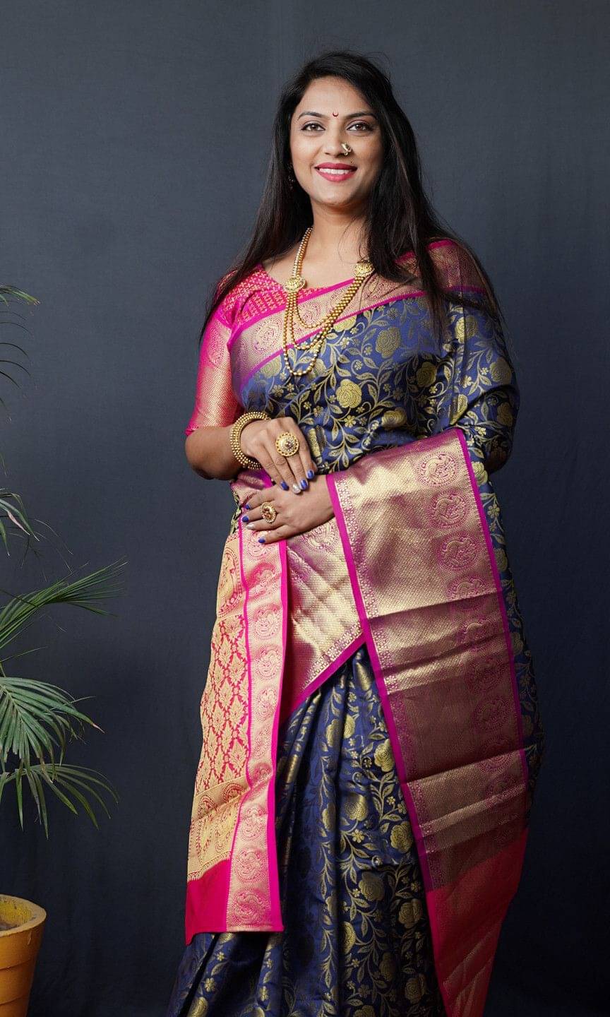     			Pionex Jacquard Woven Banarasi saree With Unstitched Blouse Piece ( Navy Blue )