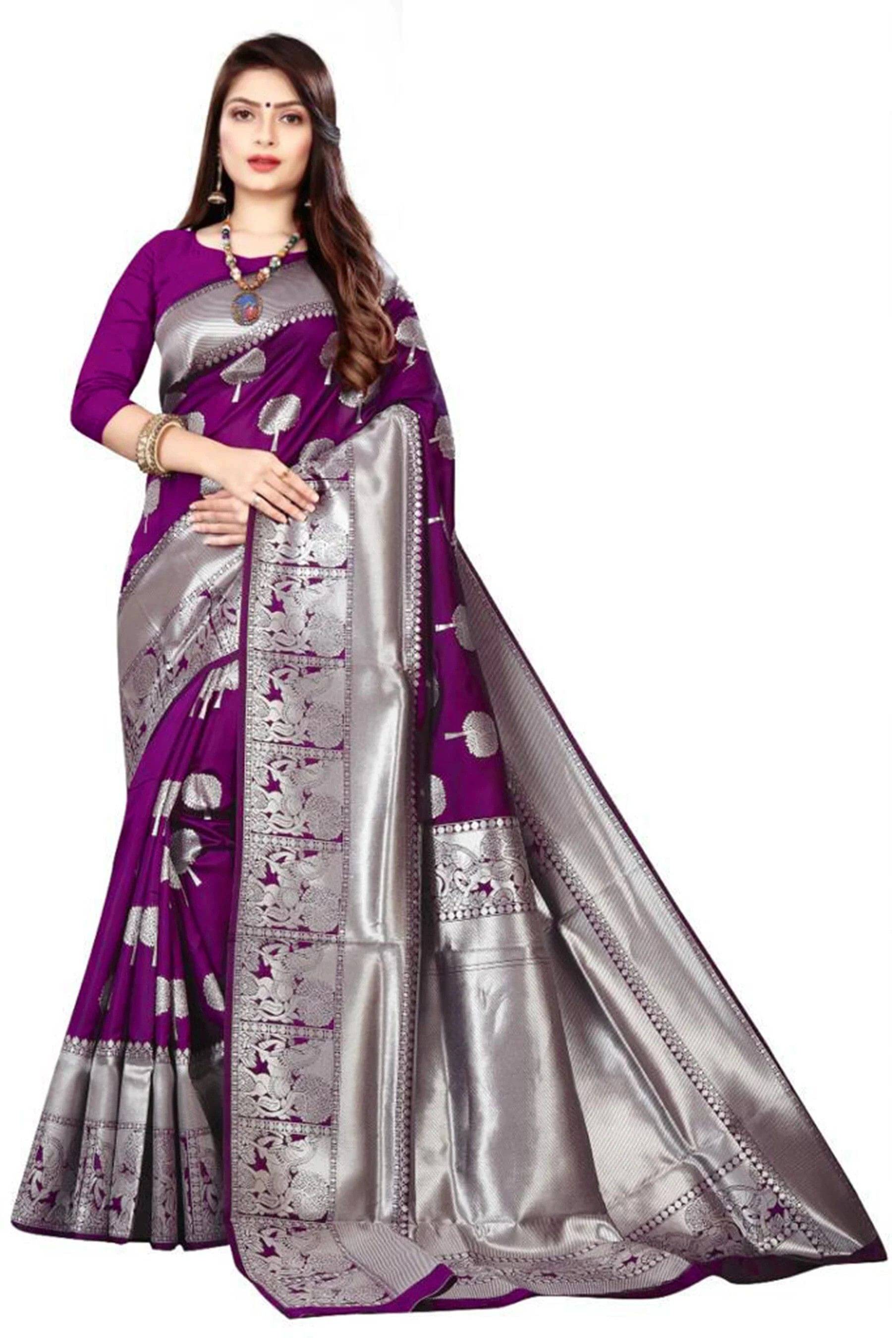 Pionex Jacquard Woven Banarasi saree With Unstitched Blouse Piece ( Purple ) Pionex Jacquard Woven Banarasi saree With Unstitched Blouse Piece ( Purple )