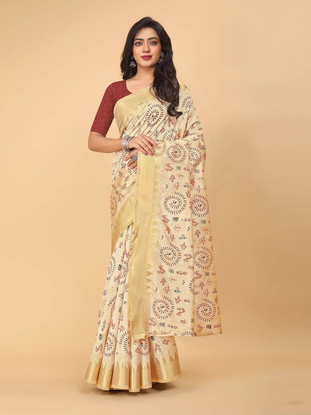     			Pionex Linen Woven Regular Saree With Unstitched Blouse Piece ( Cream )