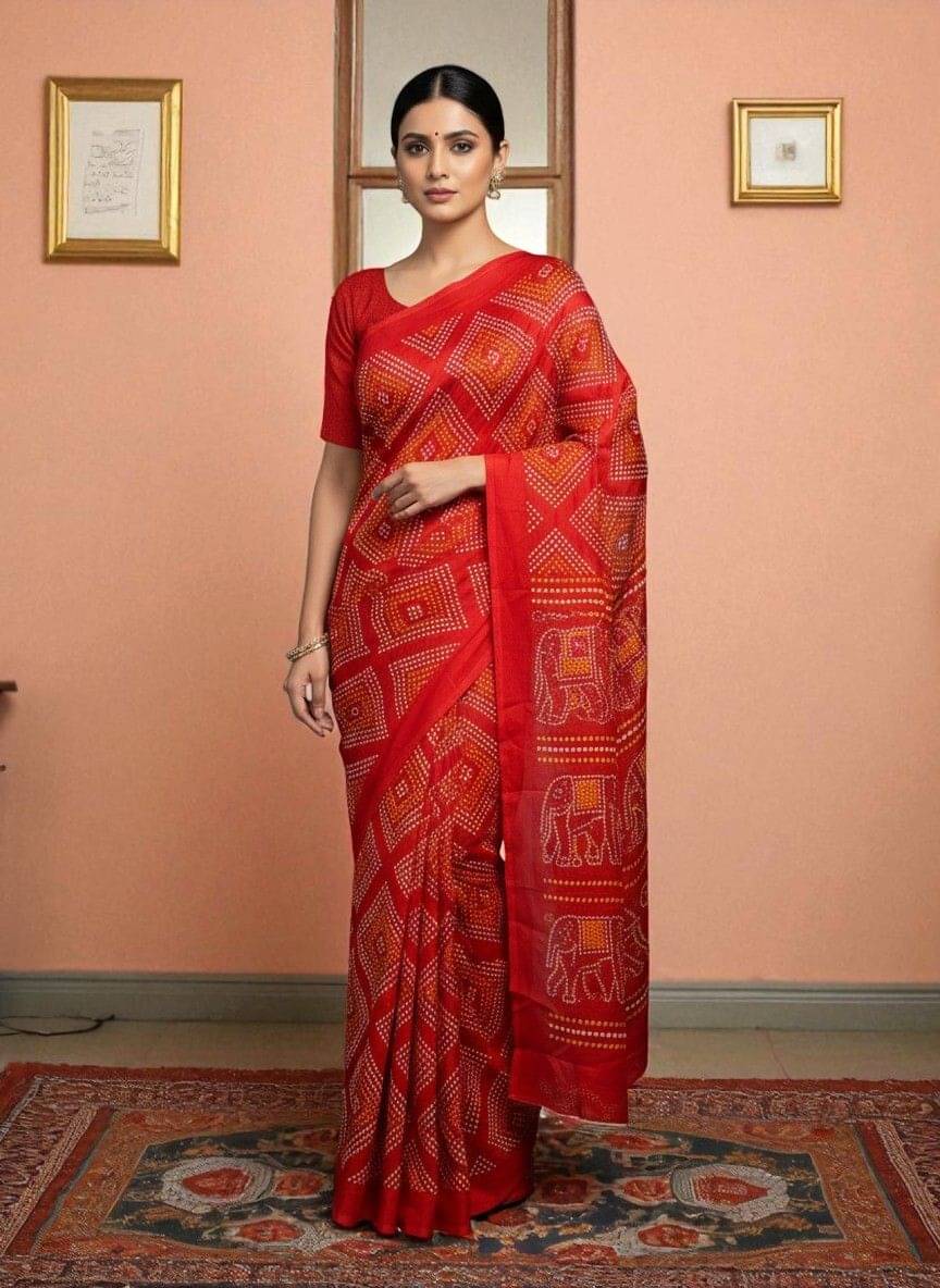     			Pionex Satin Printed Bandhani Sarees With Unstitched Blouse Piece ( Red )