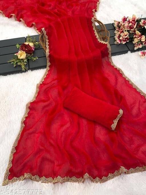     			Pionex Silk Blend Embellished Regular Saree With Unstitched Blouse Piece ( Red )