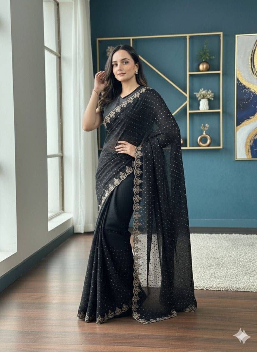     			Pionex Silk Blend Embellished Regular Saree With Unstitched Blouse Piece ( Black )