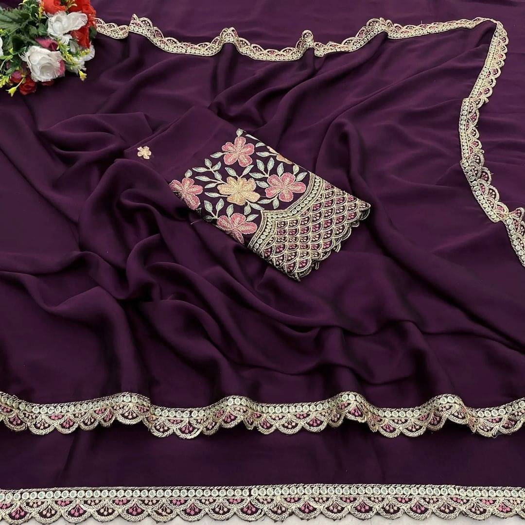     			Pionex Silk Blend Embroidered Regular Saree With Unstitched Blouse Piece ( Purple )