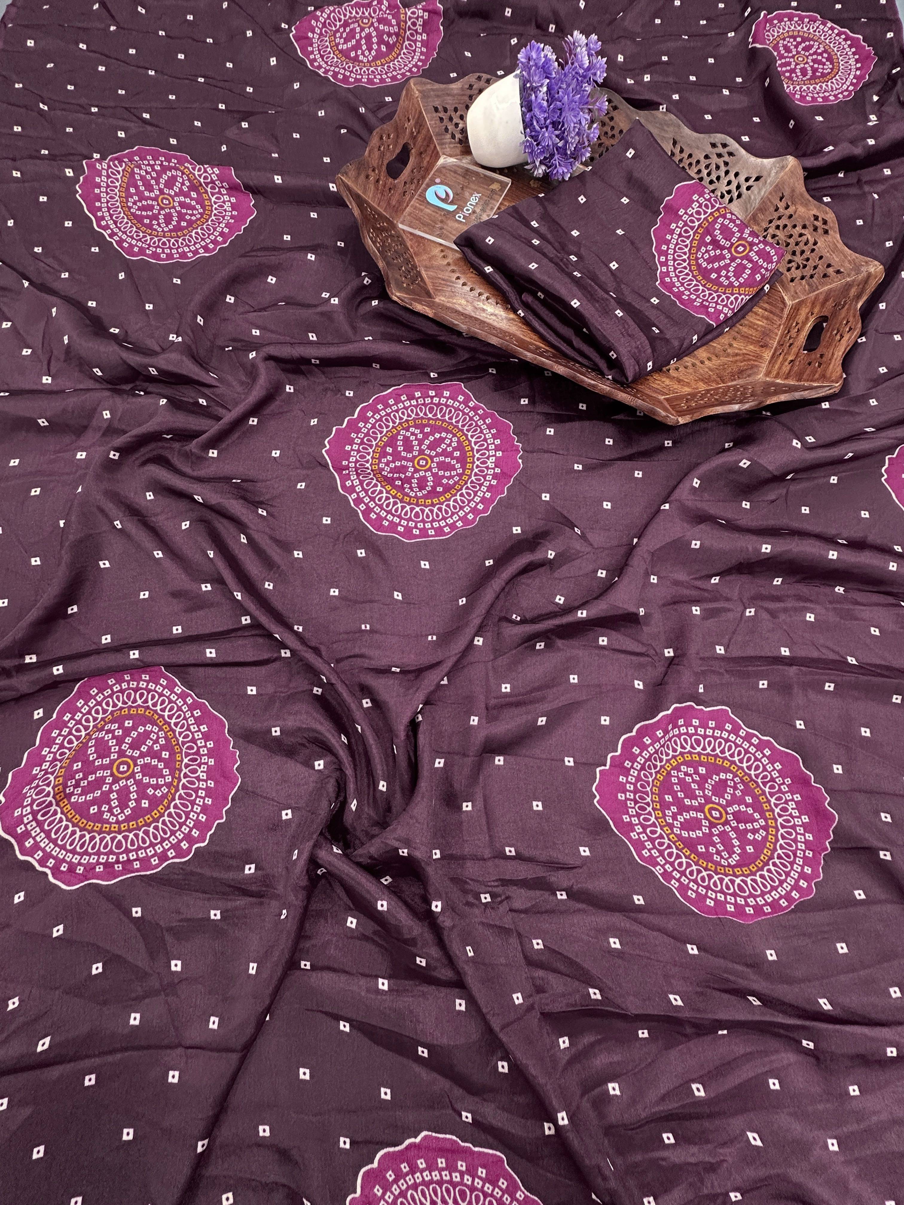     			Pionex Silk Blend Printed Bandhani Sarees With Unstitched Blouse Piece ( Purple )