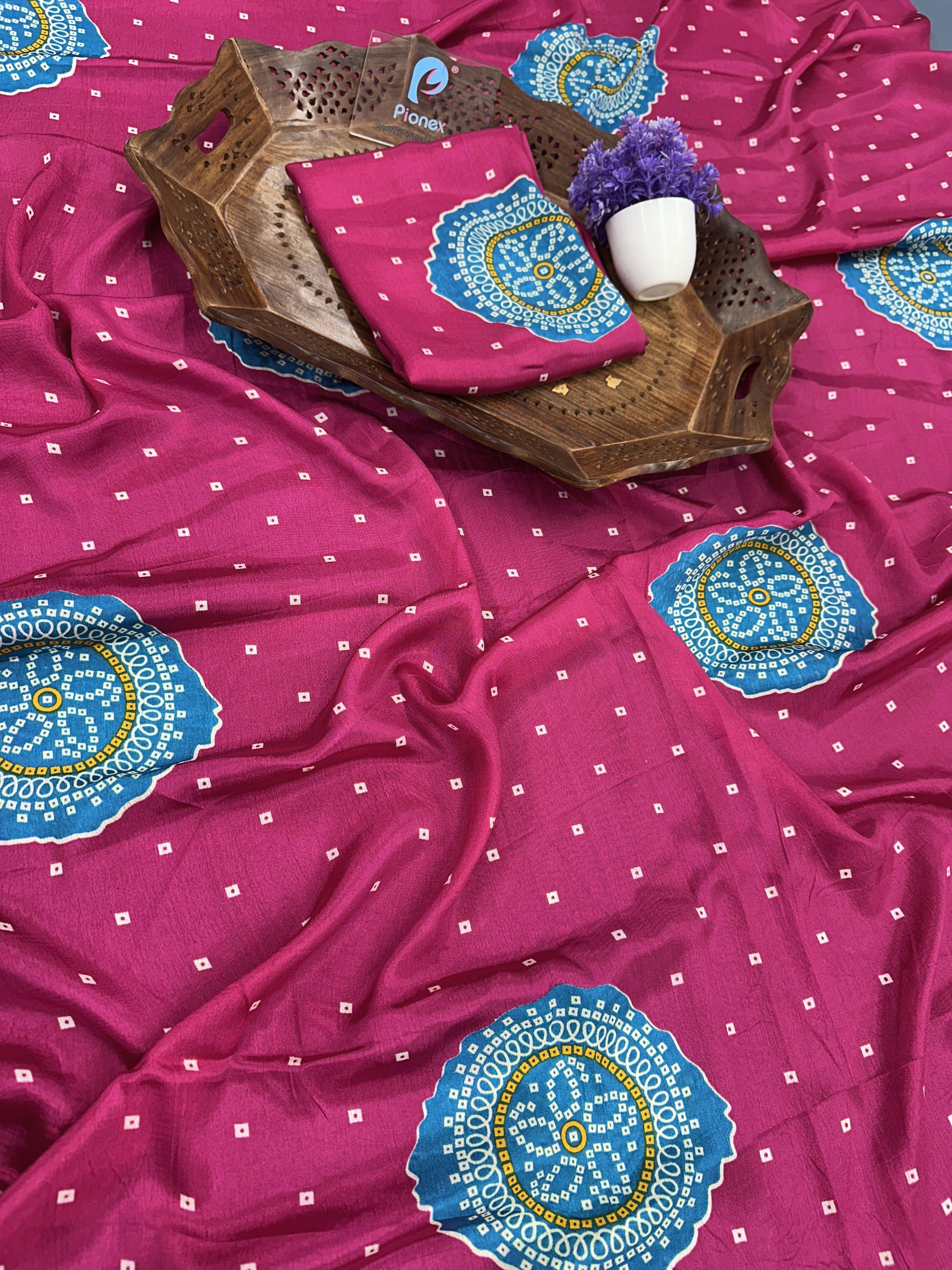     			Pionex Silk Blend Printed Bandhani Sarees With Unstitched Blouse Piece ( Pink )