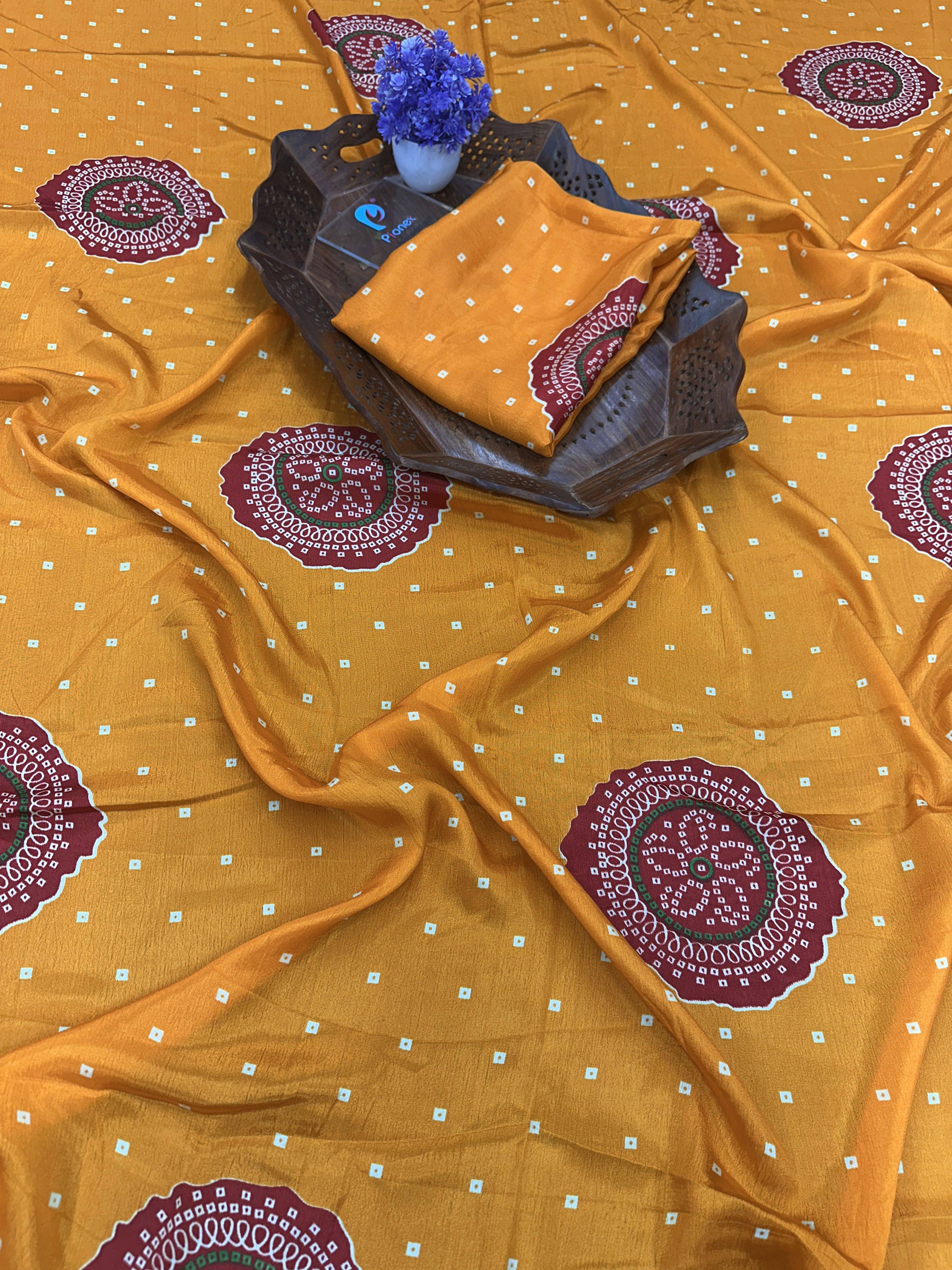     			Pionex Silk Blend Printed Bandhani Sarees With Unstitched Blouse Piece ( Yellow )