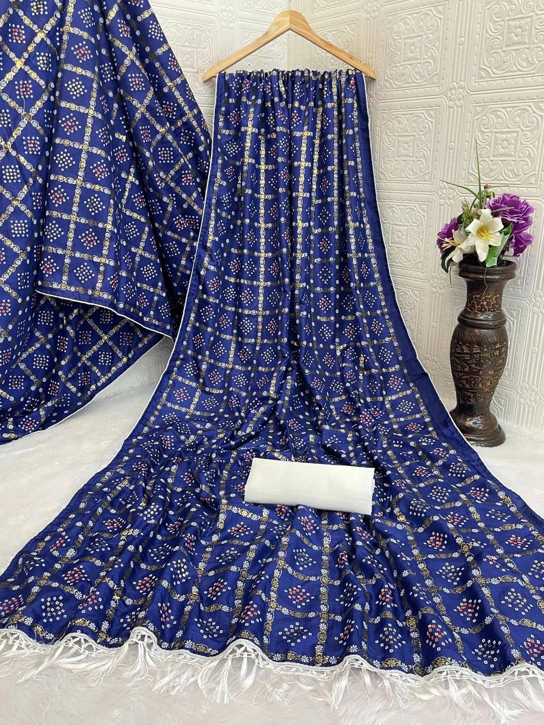 Pionex Silk Blend Printed Bandhani Sarees With Unstitched Blouse Piece ( Navy Blue ) Pionex Silk Blend Printed Bandhani Sarees With Unstitched Blouse Piece ( Navy Blue )