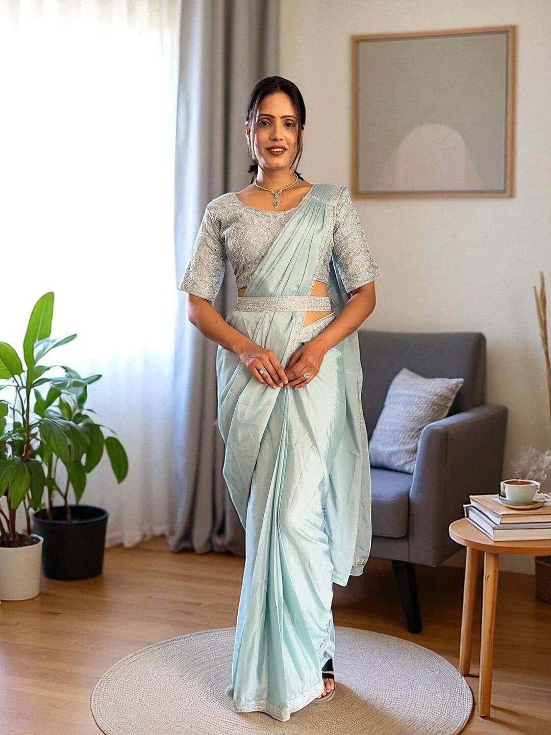 Pionex Silk Embroidered Regular Saree With Stitched Blouse ( Light Blue ) Pionex Silk Embroidered Regular Saree With Stitched Blouse ( Light Blue )