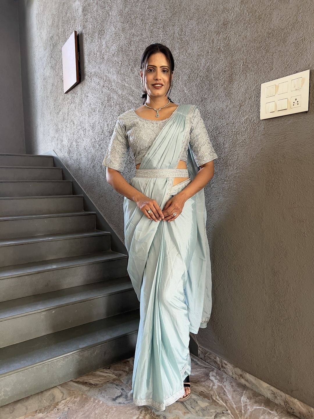 Pionex Silk Embroidered Regular Saree With Stitched Blouse ( Light Blue ) Pionex Silk Embroidered Regular Saree With Stitched Blouse ( Light Blue )