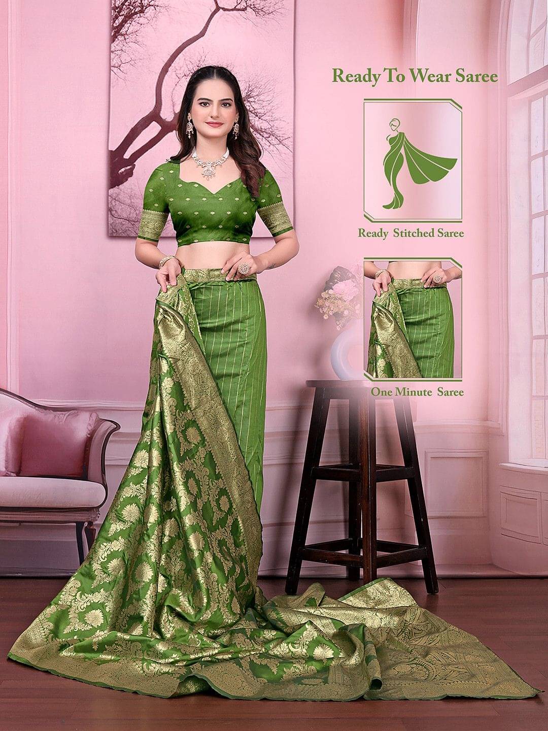 Pionex Silk Woven Banarasi saree With Unstitched Blouse Piece ( Green ) Pionex Silk Woven Banarasi saree With Unstitched Blouse Piece ( Green )
