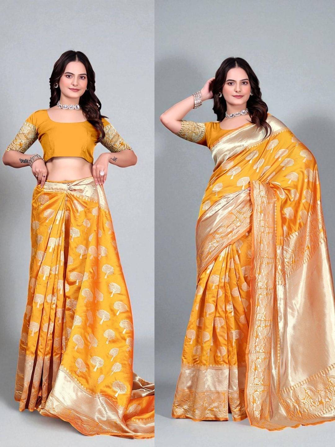 Pionex Silk Woven Banarasi saree With Unstitched Blouse Piece ( Yellow ) Pionex Silk Woven Banarasi saree With Unstitched Blouse Piece ( Yellow )