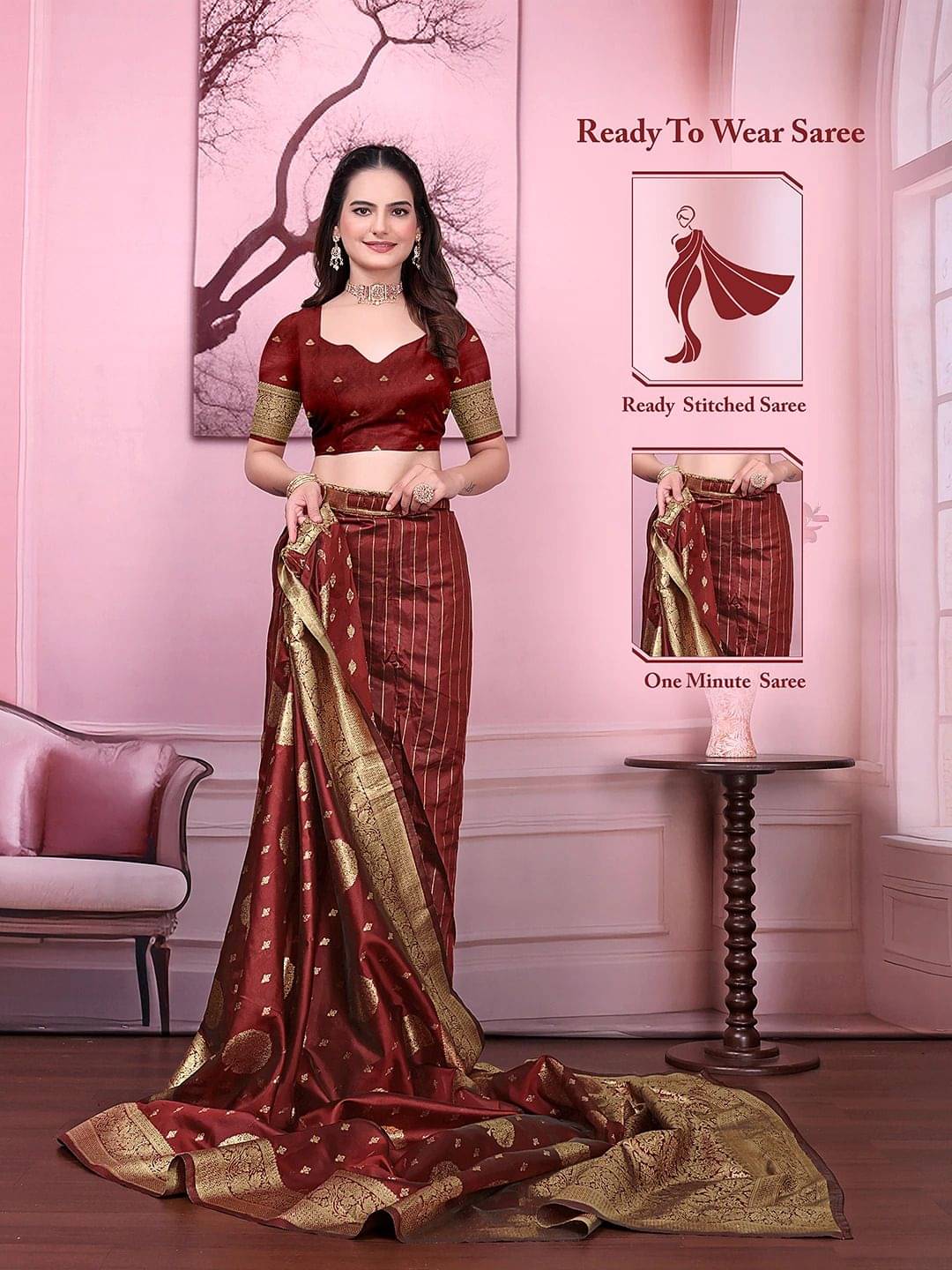     			Pionex Silk Woven Banarasi saree With Unstitched Blouse Piece ( Maroon )