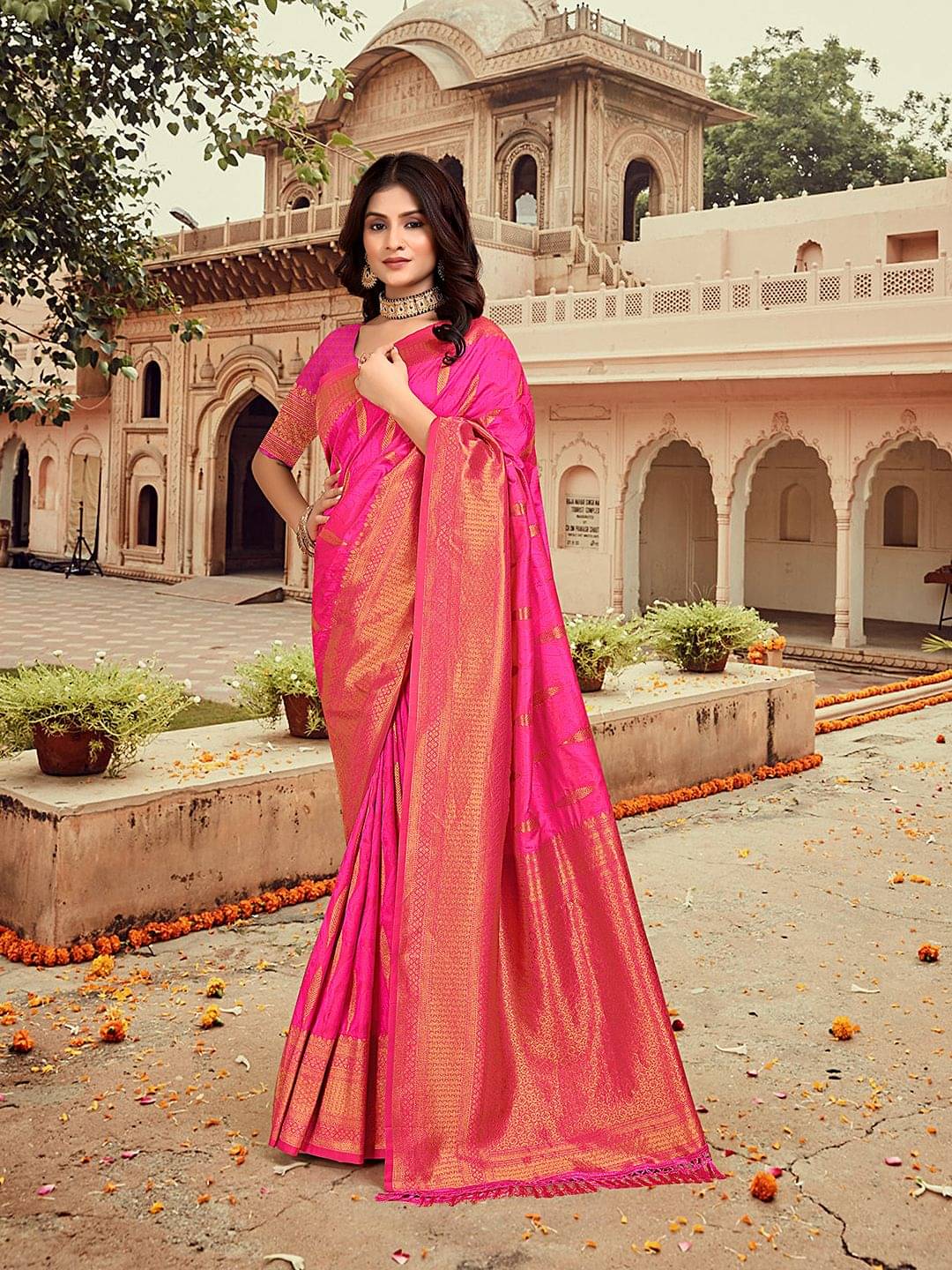     			Pionex Silk Woven Kanjeevaram Sarees With Unstitched Blouse Piece ( Pink )