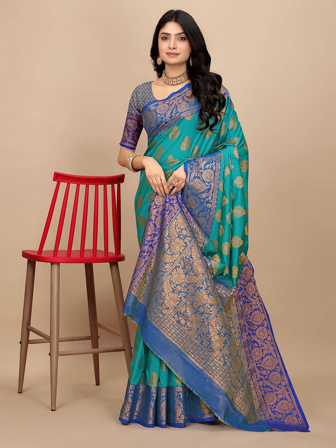     			Pionex Silk Woven Kanjeevaram Sarees With Unstitched Blouse Piece ( Light Blue )