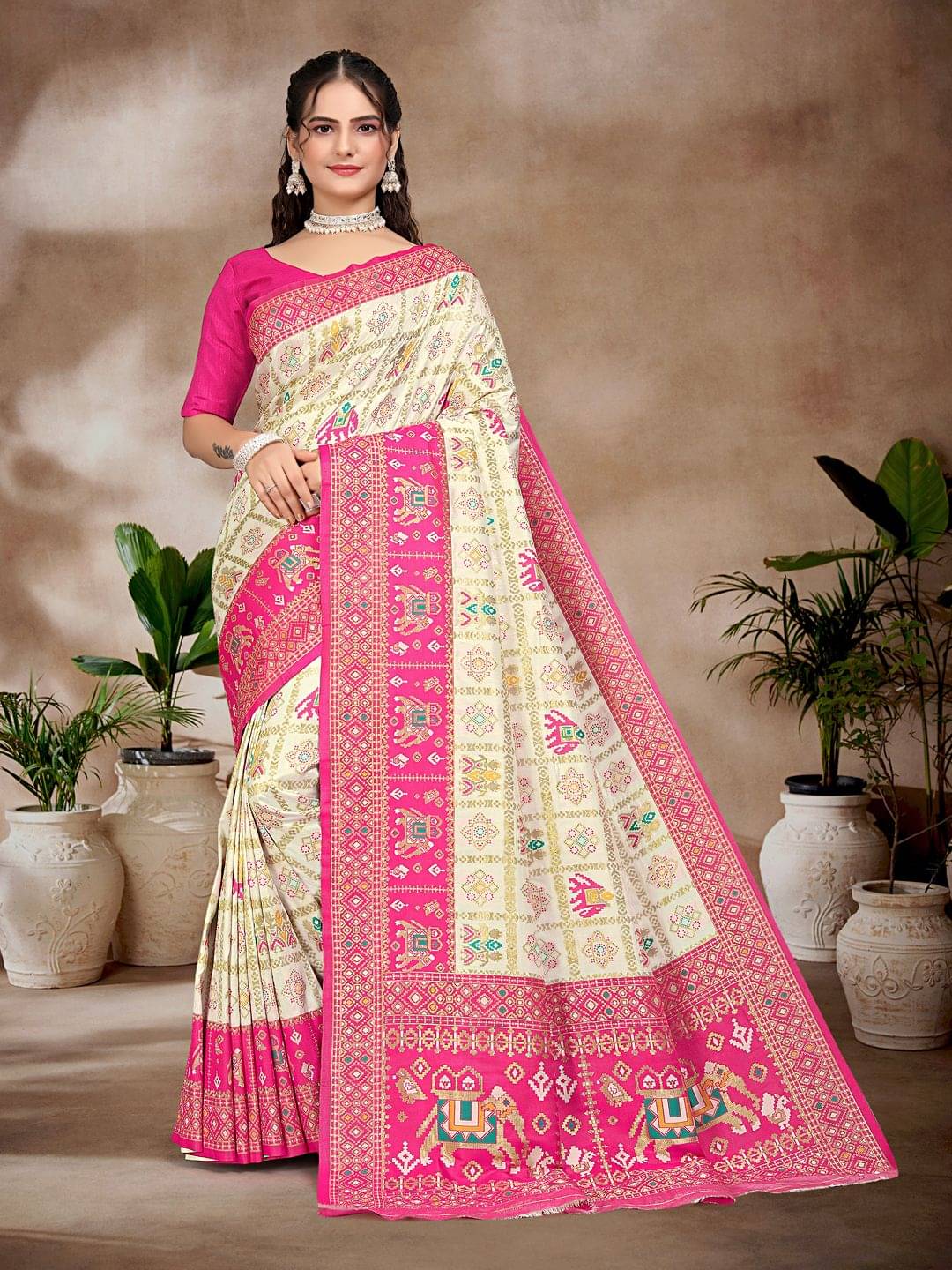 Pionex Silk Woven Patola Saree With Unstitched Blouse Piece ( Pink ) Pionex Silk Woven Patola Saree With Unstitched Blouse Piece ( Pink )