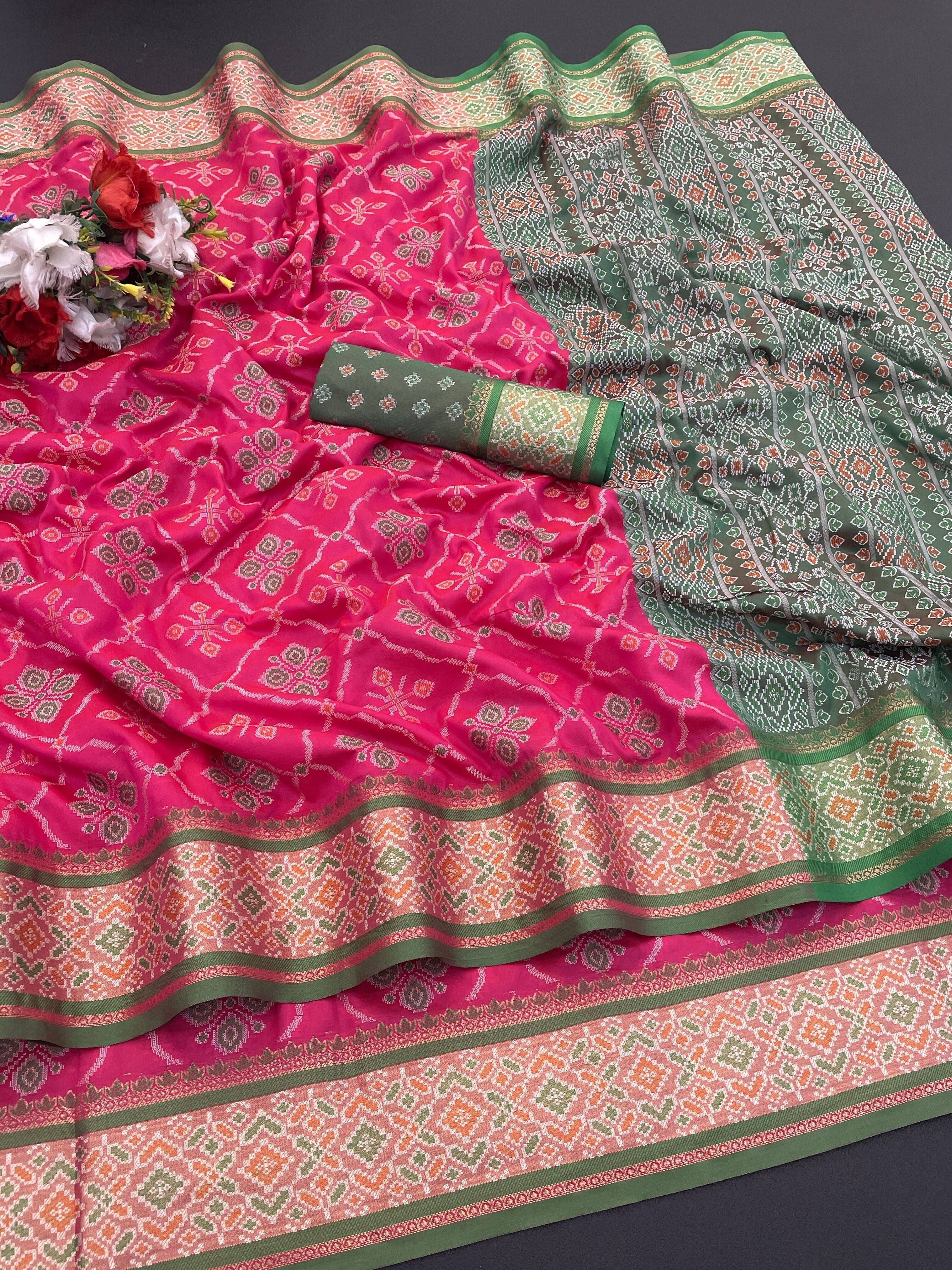 Pionex Silk Woven Patola Saree With Unstitched Blouse Piece ( Pink ) Pionex Silk Woven Patola Saree With Unstitched Blouse Piece ( Pink )