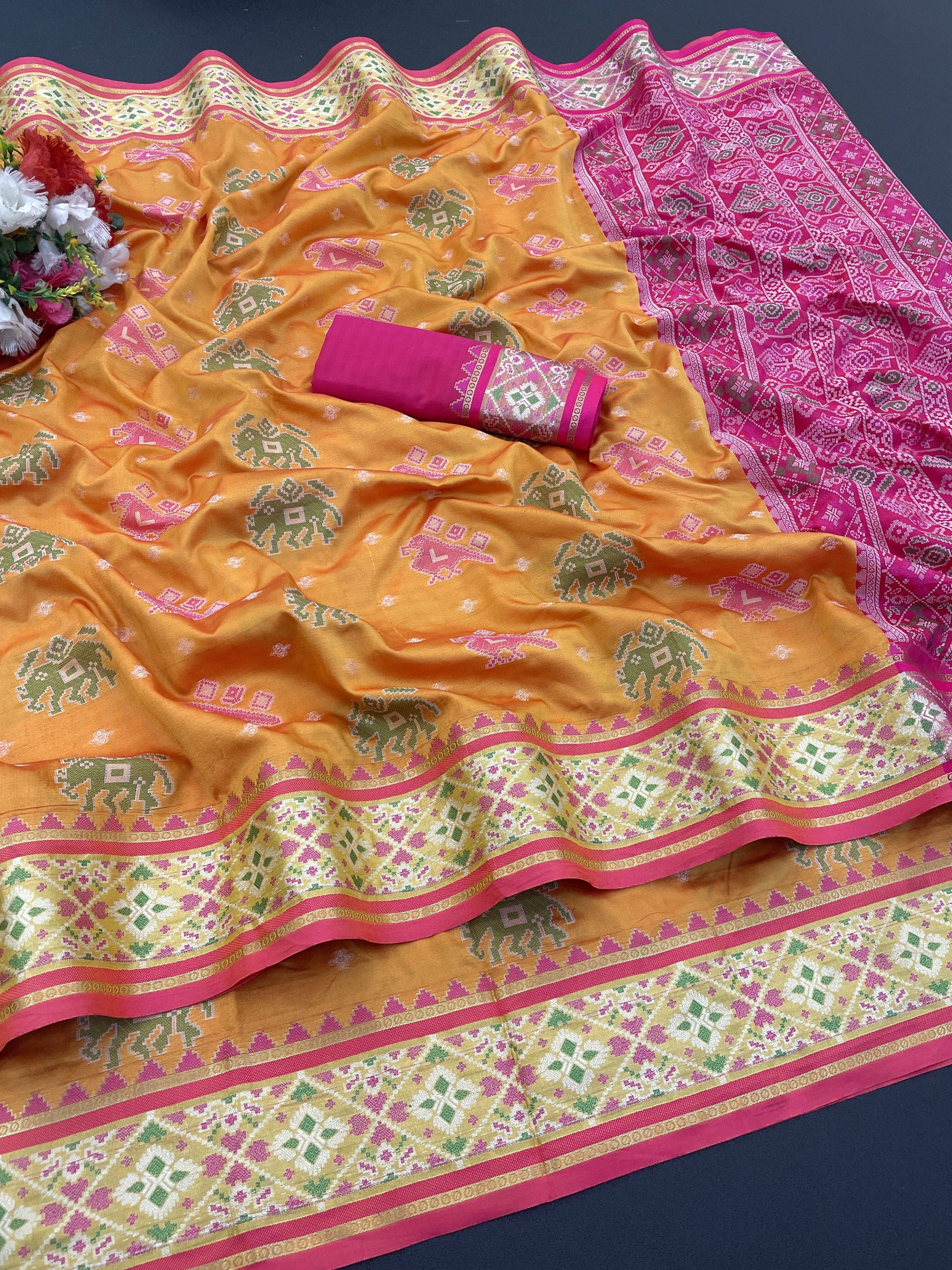 Pionex Silk Woven Patola Saree With Unstitched Blouse Piece ( Orange ) Pionex Silk Woven Patola Saree With Unstitched Blouse Piece ( Orange )