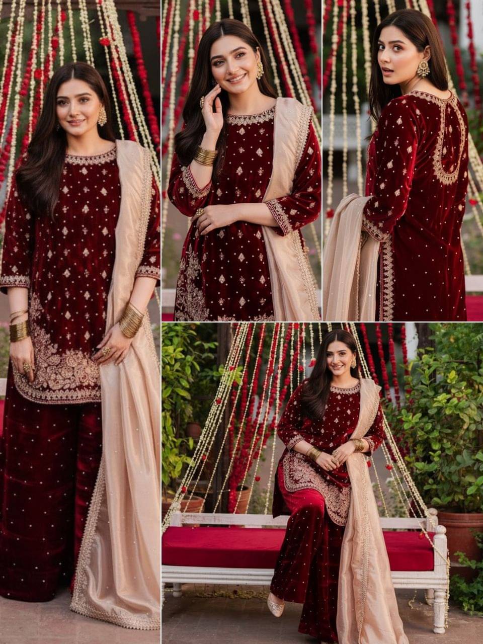 Trandtide Women Velvet Embroidered Straight Kurti With Sharara And Gharara ( Maroon ) Trandtide Women Velvet Embroidered Straight Kurti With Sharara And Gharara ( Maroon )