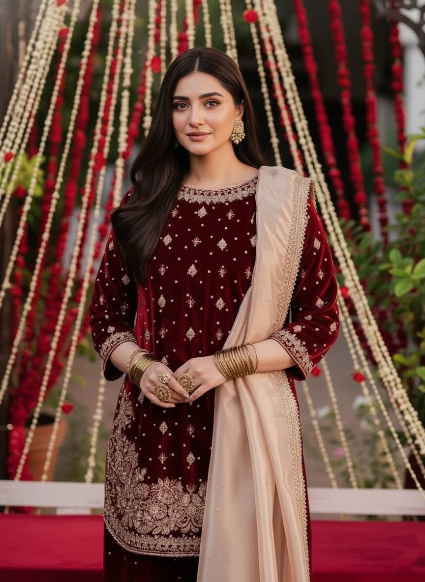 Trandtide Women Velvet Embroidered Straight Kurti With Sharara And Gharara ( Maroon ) Trandtide Women Velvet Embroidered Straight Kurti With Sharara And Gharara ( Maroon )