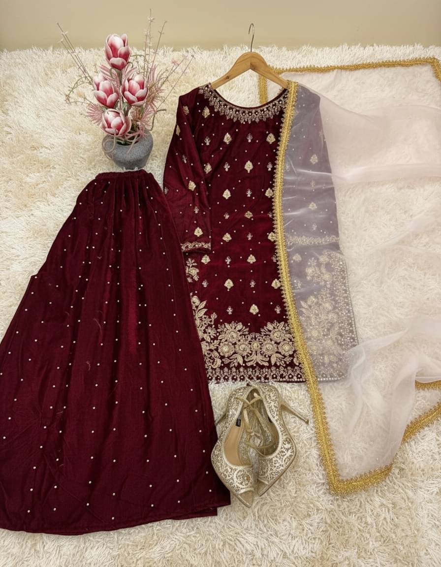 Trandtide Women Velvet Embroidered Straight Kurti With Sharara And Gharara ( Maroon ) Trandtide Women Velvet Embroidered Straight Kurti With Sharara And Gharara ( Maroon )