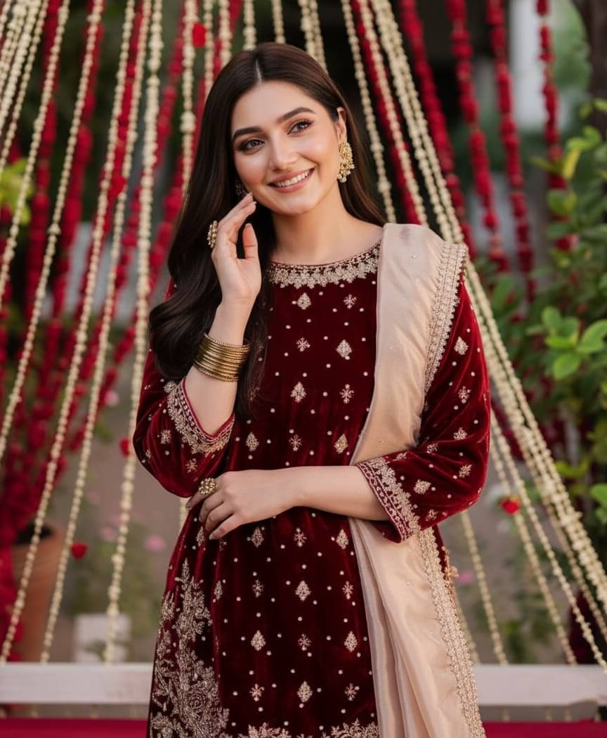 Trandtide Women Velvet Embroidered Straight Kurti With Sharara And Gharara ( Maroon ) Trandtide Women Velvet Embroidered Straight Kurti With Sharara And Gharara ( Maroon )