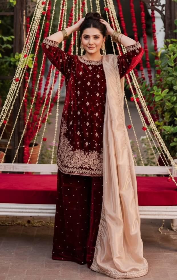 Trandtide Women Velvet Embroidered Straight Kurti With Sharara And Gharara ( Maroon ) Trandtide Women Velvet Embroidered Straight Kurti With Sharara And Gharara ( Maroon )