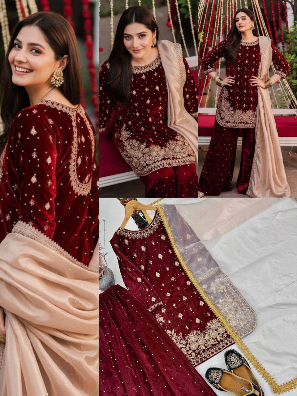 Trandtide Women Velvet Embroidered Straight Kurti With Sharara And Gharara ( Maroon ) Trandtide Women Velvet Embroidered Straight Kurti With Sharara And Gharara ( Maroon )