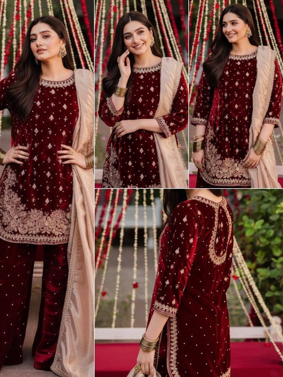 Trandtide Women Velvet Embroidered Straight Kurti With Sharara And Gharara ( Maroon ) Trandtide Women Velvet Embroidered Straight Kurti With Sharara And Gharara ( Maroon )