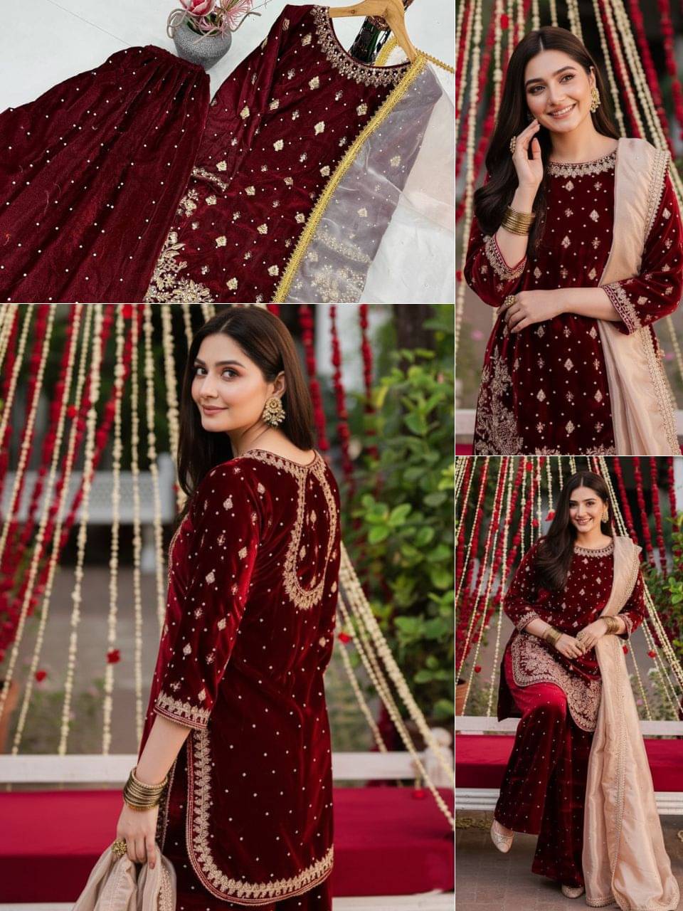 Trandtide Women Velvet Embroidered Straight Kurti With Sharara And Gharara ( Maroon ) Trandtide Women Velvet Embroidered Straight Kurti With Sharara And Gharara ( Maroon )