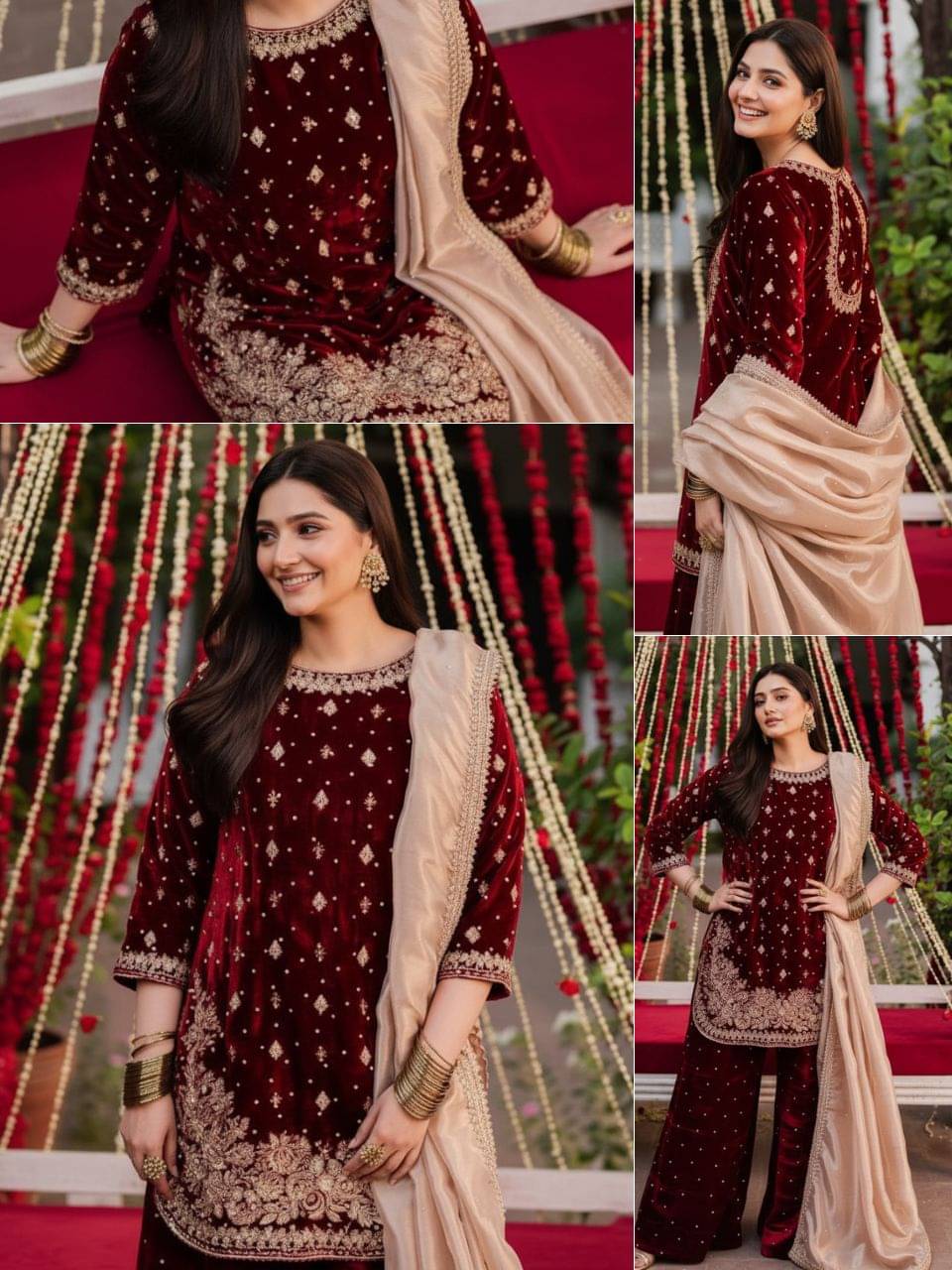 Trandtide Women Velvet Embroidered Straight Kurti With Sharara And Gharara ( Maroon ) Trandtide Women Velvet Embroidered Straight Kurti With Sharara And Gharara ( Maroon )