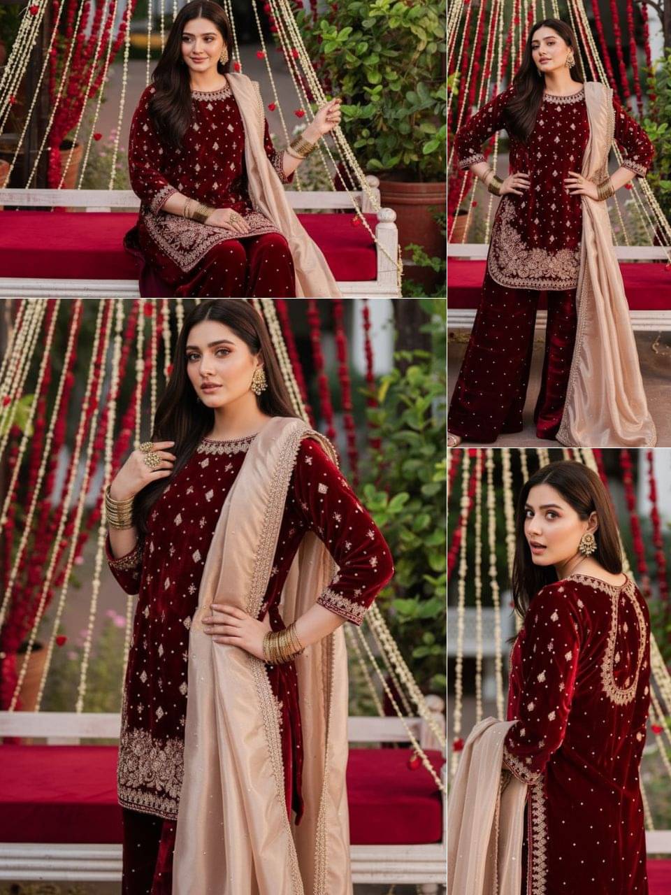 Trandtide Women Velvet Embroidered Straight Kurti With Sharara And Gharara ( Maroon ) Trandtide Women Velvet Embroidered Straight Kurti With Sharara And Gharara ( Maroon )