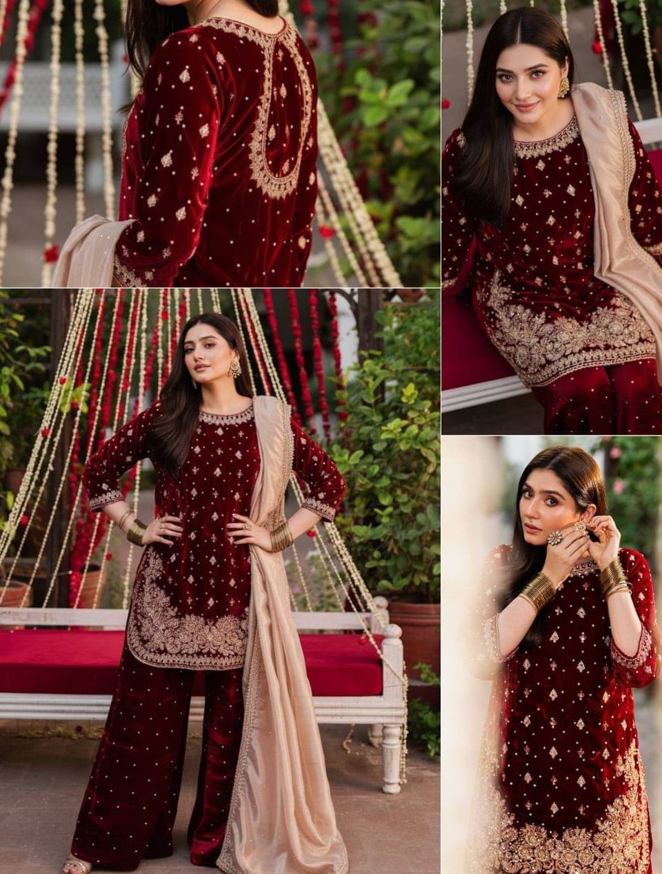 Trandtide Women Velvet Embroidered Straight Kurti With Sharara And Gharara ( Maroon ) Trandtide Women Velvet Embroidered Straight Kurti With Sharara And Gharara ( Maroon )