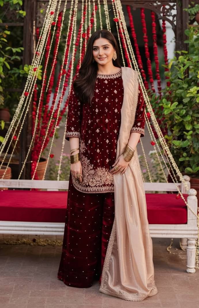 Trandtide Women Velvet Embroidered Straight Kurti With Sharara And Gharara ( Maroon ) Trandtide Women Velvet Embroidered Straight Kurti With Sharara And Gharara ( Maroon )