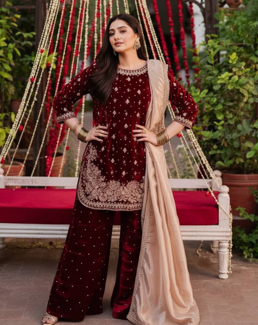 Trandtide Women Velvet Embroidered Straight Kurti With Sharara And Gharara ( Maroon ) Trandtide Women Velvet Embroidered Straight Kurti With Sharara And Gharara ( Maroon )