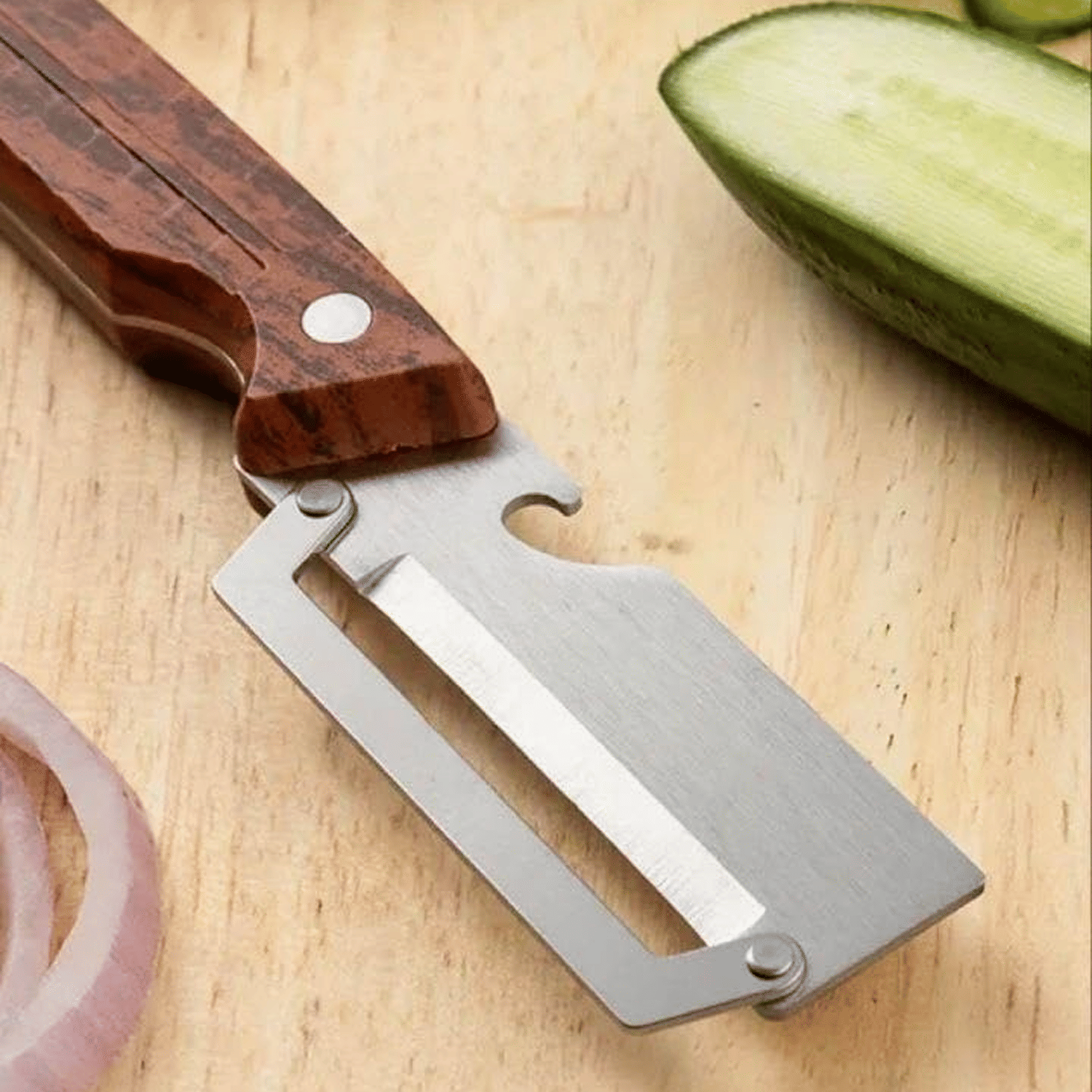     			3 in 1 Vegetable and Fruit Peeler Multifunctional Stainless Steel Slicer with Wooden Handle Julienne Cutter and Bottle Opener for Kitchen Potatoes Carrots Cucumbers