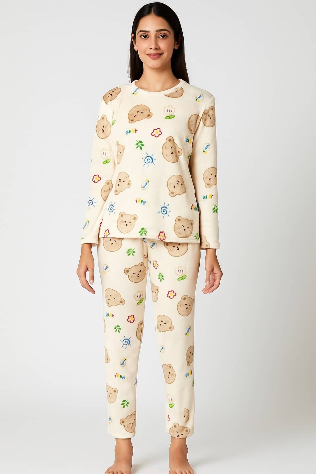     			Camey Fleece Printed Women Top with Pyjama ( Beige )