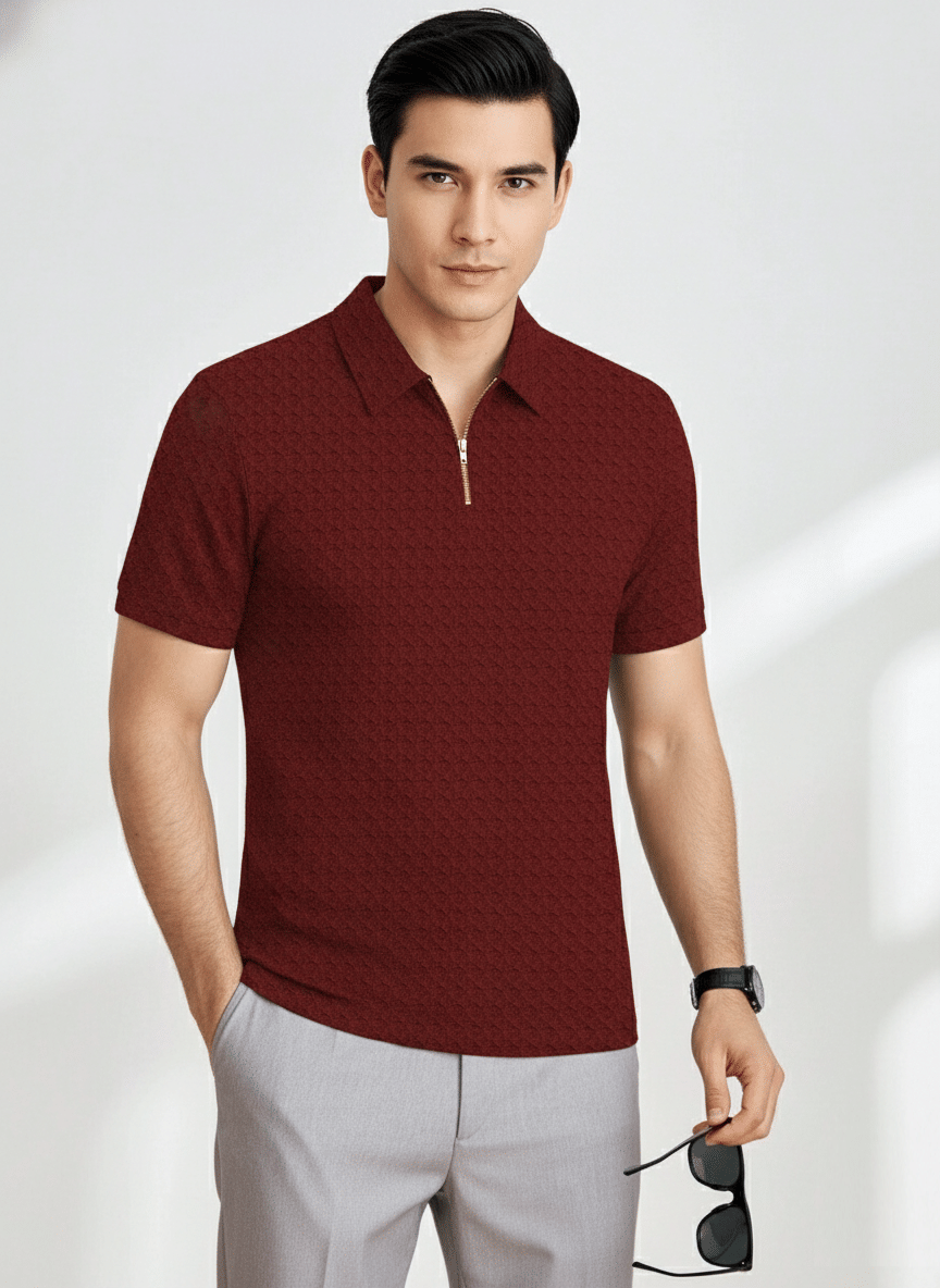     			EMPORIUM Men Cotton Blend Regular Fit Self Design Polo T Shirt ( Maroon )