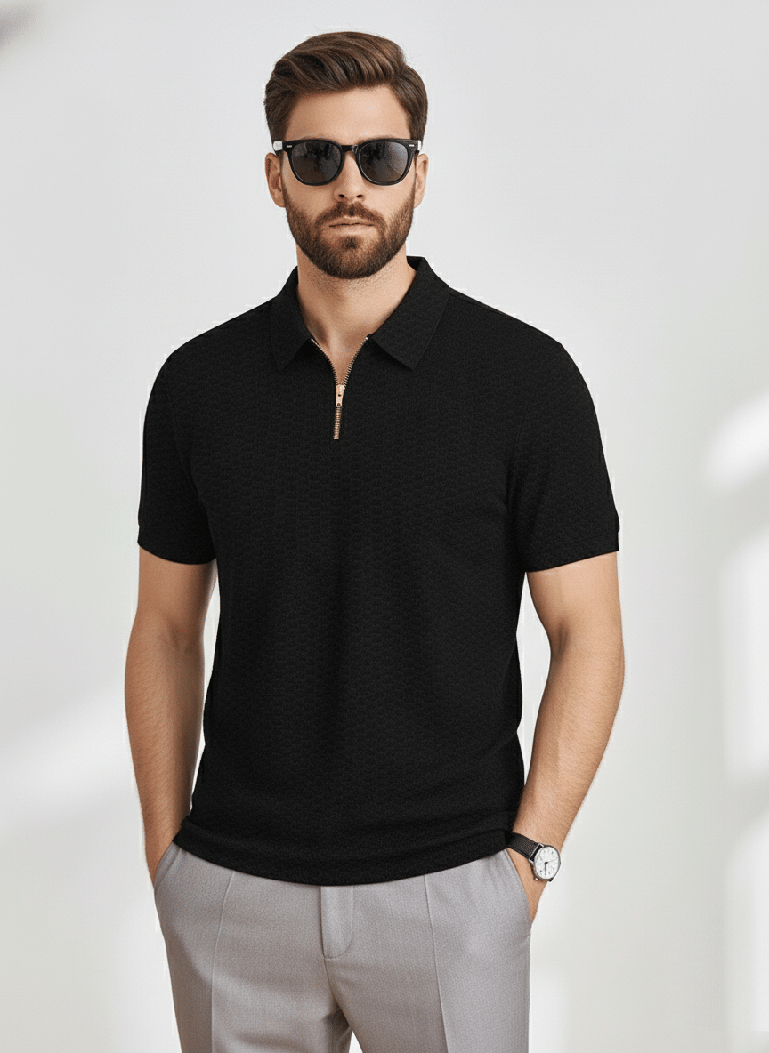     			EMPORIUM Men Cotton Blend Regular Fit Self Design Polo T Shirt ( Black )