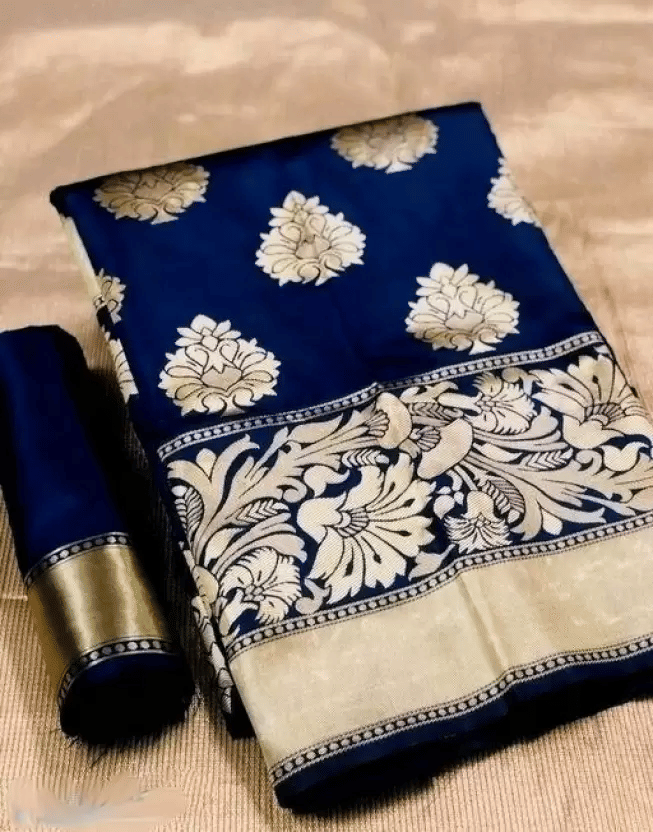     			KIVERA Silk Blend Woven Design Banarasi saree With Unstitched Blouse Piece ( Navy Blue )