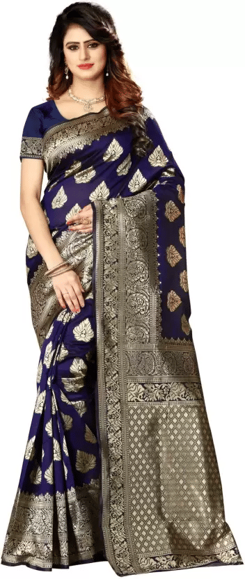     			KIVERA Silk Blend Woven Design Banarasi saree With Unstitched Blouse Piece ( Navy Blue )
