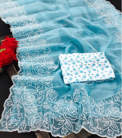     			Khodiyar Fashion Organza Embroidered Chikankari Saree With Unstitched Blouse Piece ( Sky Blue )